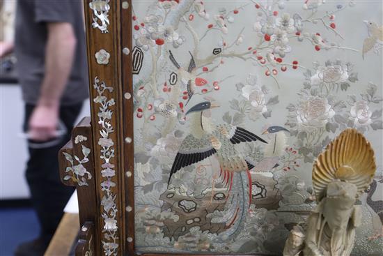 A Chinese embroidered silk, hongmu and mother of pearl framed table screen, c.1900, total size H.80cm W.62cm